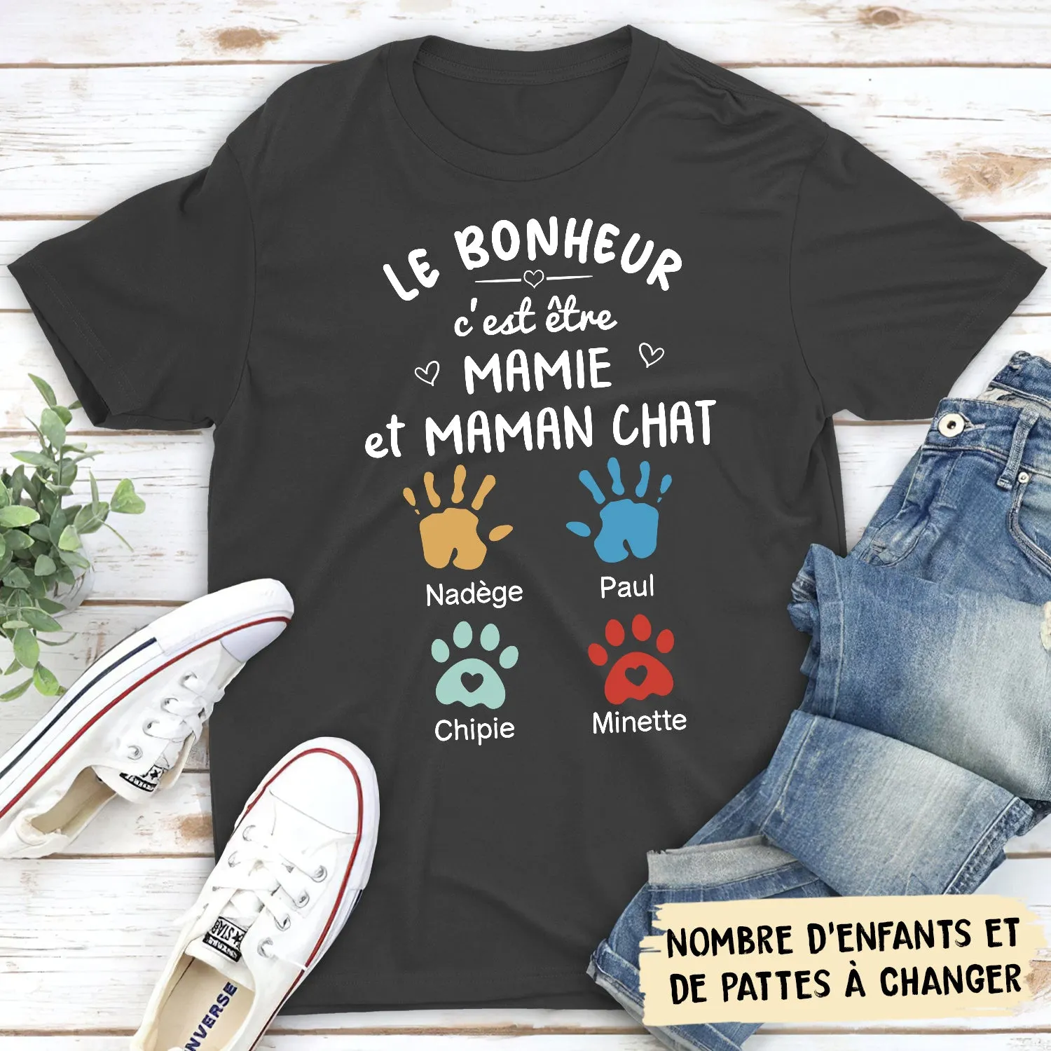 T-shirt Unisex Personnalisé - Le Bonheur C‘Est Être Mamie Et Maman Chat