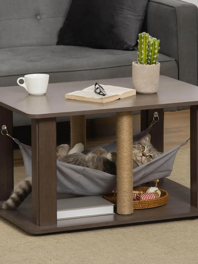 Table basse arbre à chat 2 en 1 polyester aspect bois gris - Gris