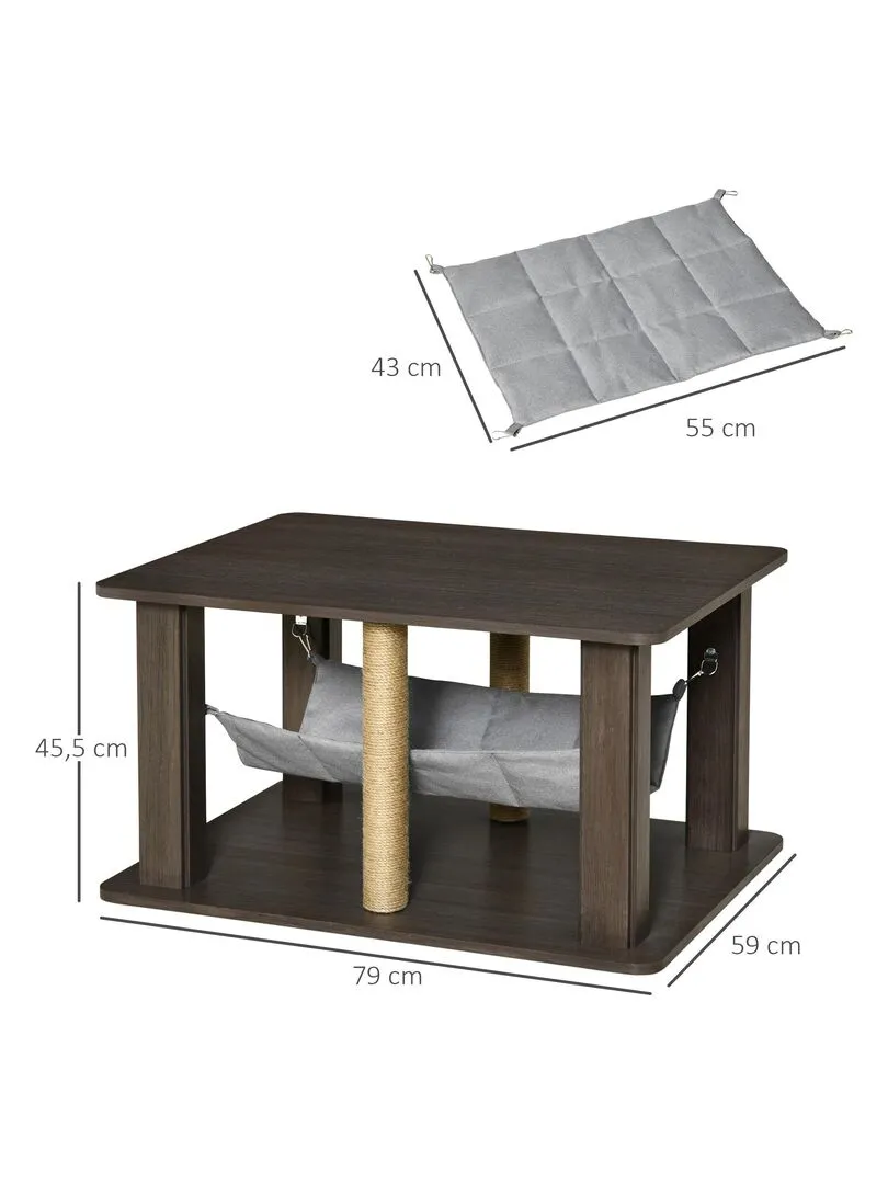 Table basse arbre à chat 2 en 1 polyester aspect bois gris - Gris