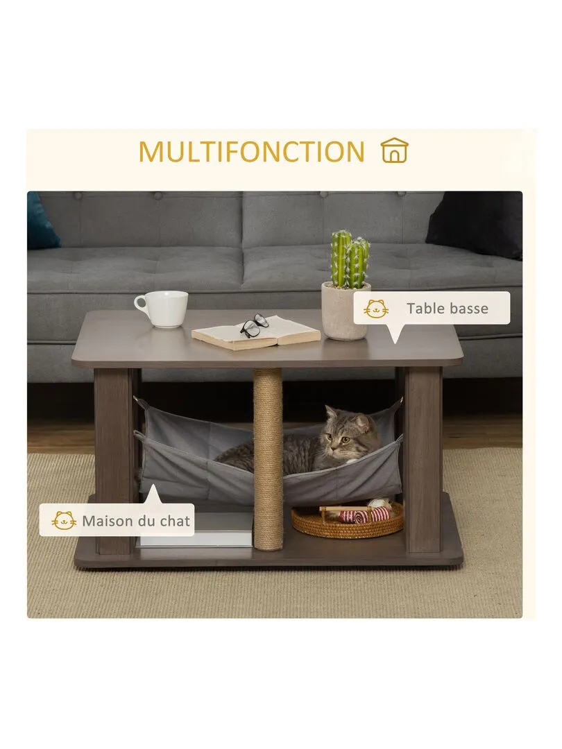 Table basse arbre à chat 2 en 1 polyester aspect bois gris - Gris